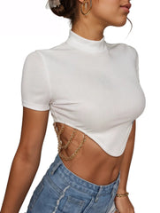 Asymmetrical Chain Detailed Turtle Neck Cropped Top XD21