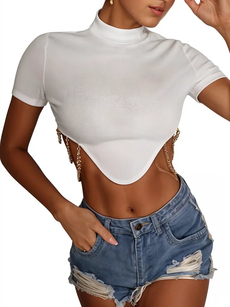 Asymmetrical Chain Detailed Turtle Neck Cropped Top XD21