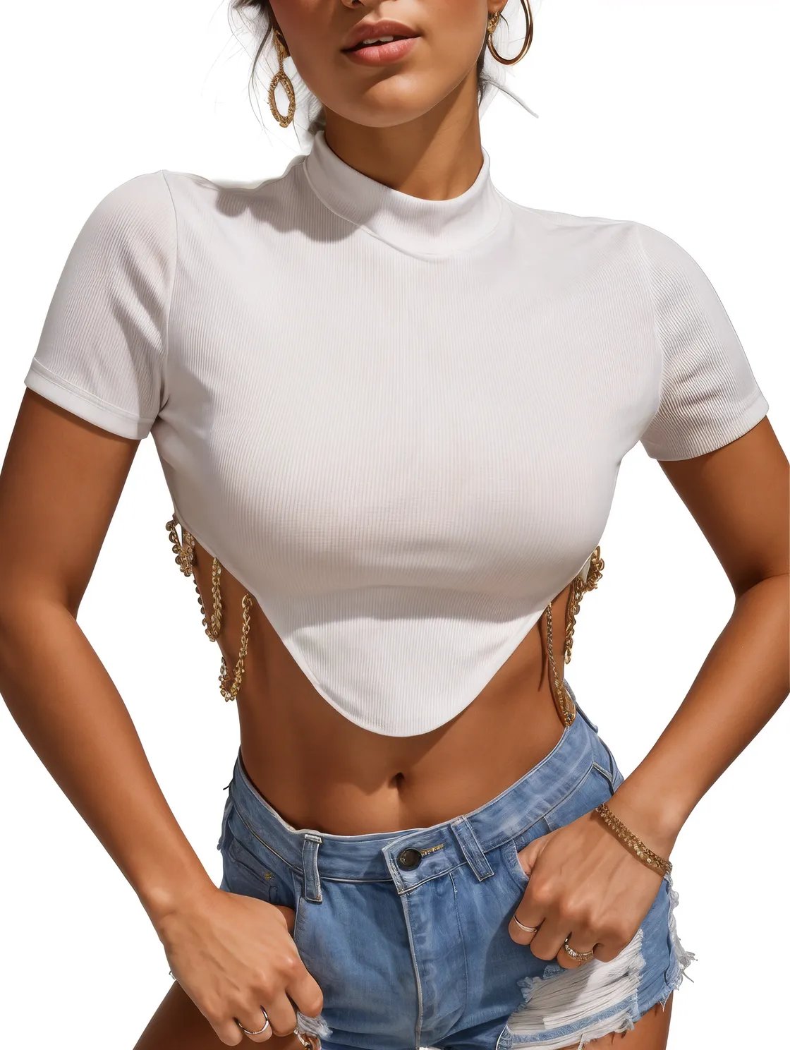 Asymmetrical Chain Detailed Turtle Neck Cropped Top XD21