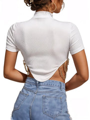 Asymmetrical Chain Detailed Turtle Neck Cropped Top XD21