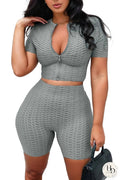 Athleisure Women Casual Sports Short Sleeves Top And Pants Zip Two Piece Set XD21