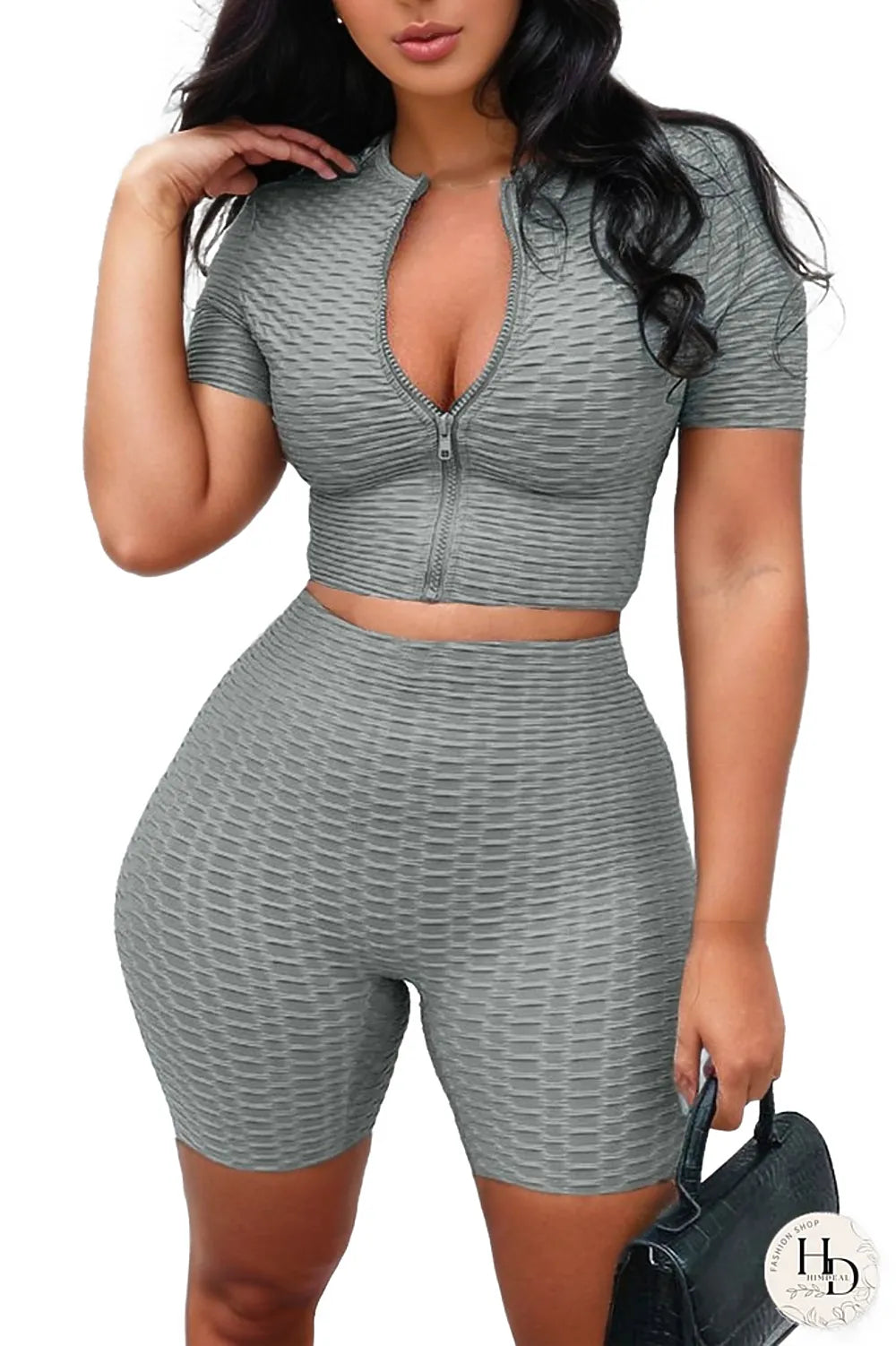 Athleisure Women Casual Sports Short Sleeves Top And Pants Zip Two Piece Set XD21