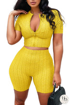 Athleisure Women Casual Sports Short Sleeves Top And Pants Zip Two Piece Set XD21