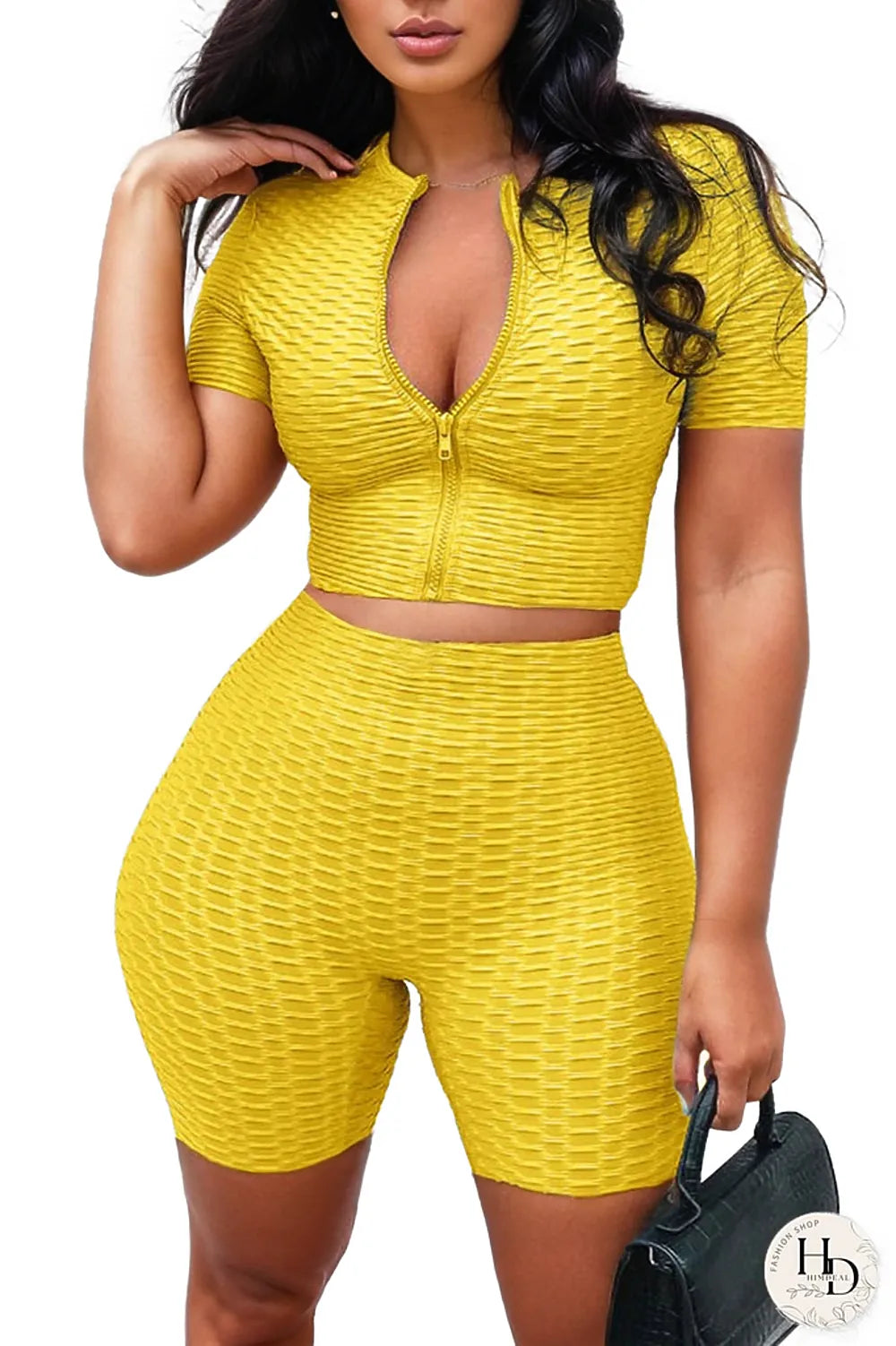 Athleisure Women Casual Sports Short Sleeves Top And Pants Zip Two Piece Set XD21