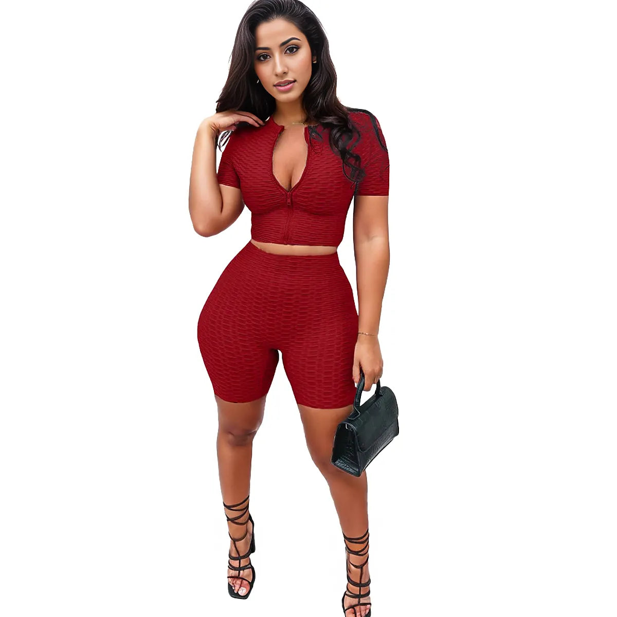 Athleisure Women Casual Sports Short Sleeves Top And Pants Zip Two Piece Set XD21