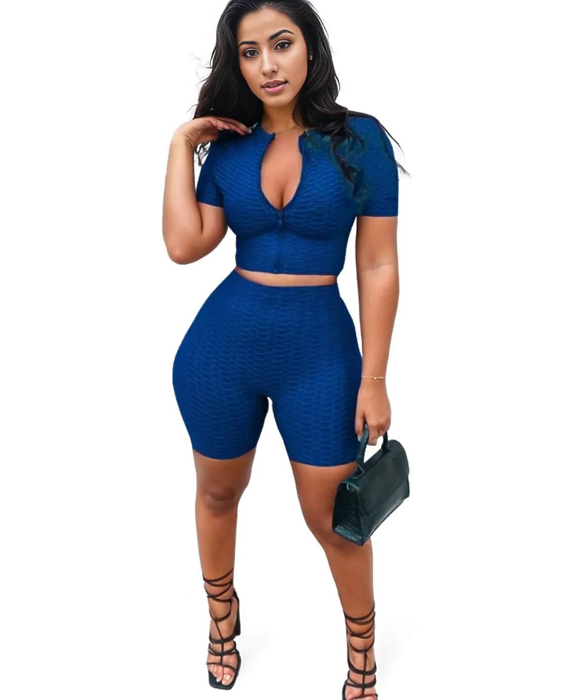 Athleisure Women Casual Sports Short Sleeves Top And Pants Zip Two Piece Set XD21