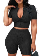 Athleisure Women Casual Sports Short Sleeves Top And Pants Zip Two Piece Set XD21