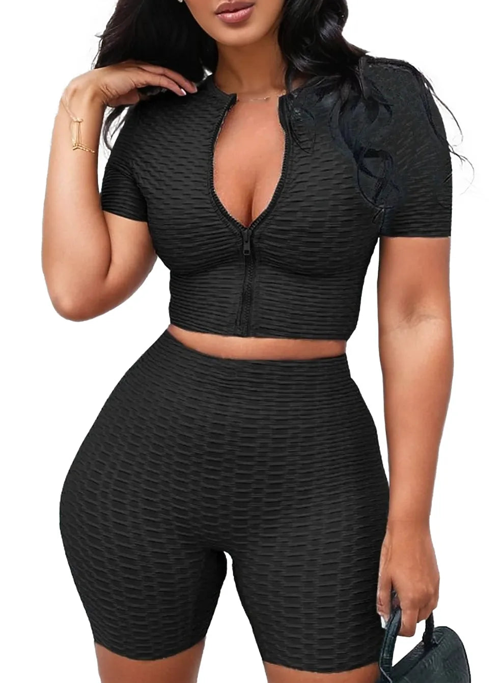 Athleisure Women Casual Sports Short Sleeves Top And Pants Zip Two Piece Set XD21