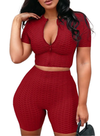 Athleisure Women Casual Sports Short Sleeves Top And Pants Zip Two Piece Set XD21