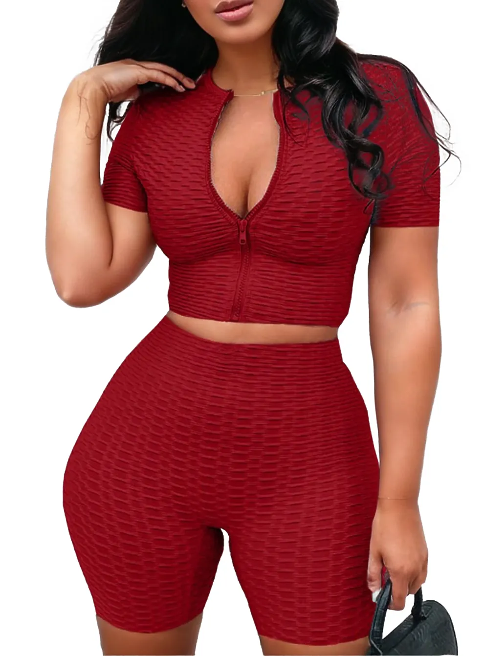Athleisure Women Casual Sports Short Sleeves Top And Pants Zip Two Piece Set XD21