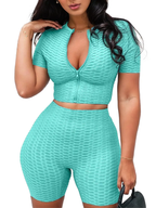 Athleisure Women Casual Sports Short Sleeves Top And Pants Zip Two Piece Set XD21