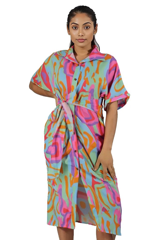 Attached Belted Patterned Dress XD21