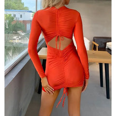 Ruched Back Long Sleeve Mini Bodycon Dress