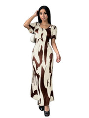 Abstract Print Maxi Dress - Short Sleeve Bodycon Dress