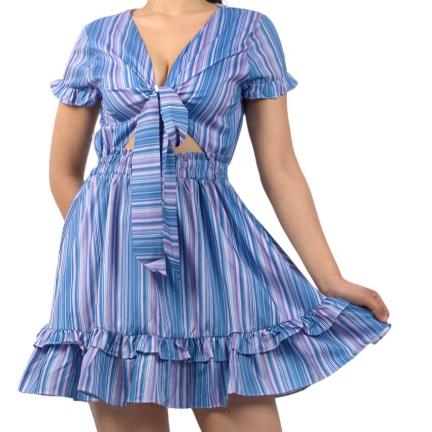 Vacation Frilled Striped Printed Short Dress - XD21