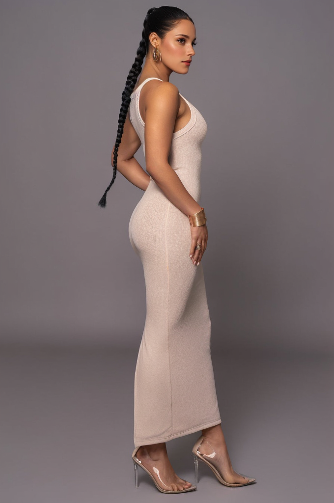 Back Slit Maxi Ribbed Knitted Bodycon Dress XD21