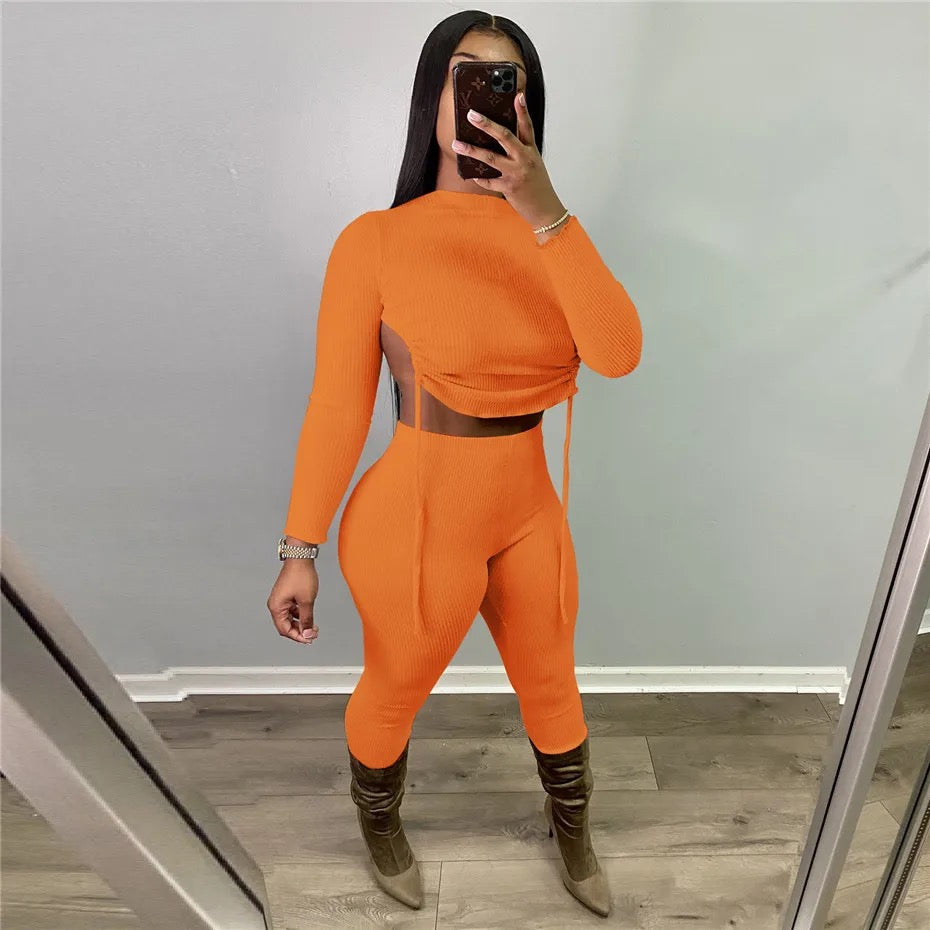 Backless Draw String Crop Top And Pants - XD21