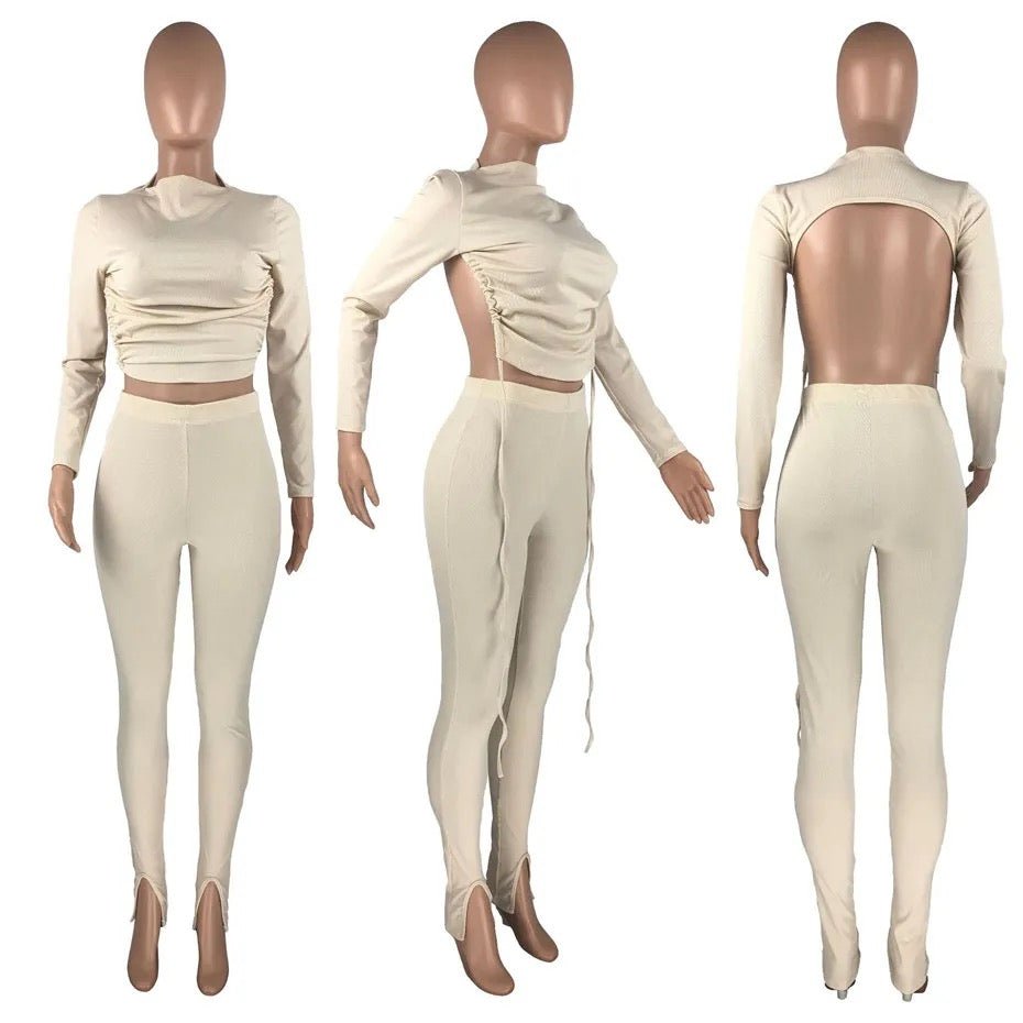 How String Rectangle Backless Top Backless Draw String Crop Top And Pants - XD21
