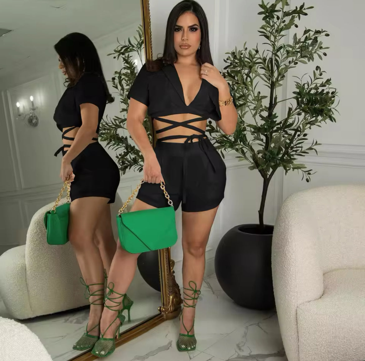 Bandage V Neck Turn Down Collar Tops and Bodycon Shorts Set XD21