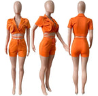 Bandage V Neck Turn Down Collar Tops and Bodycon Shorts Set XD21