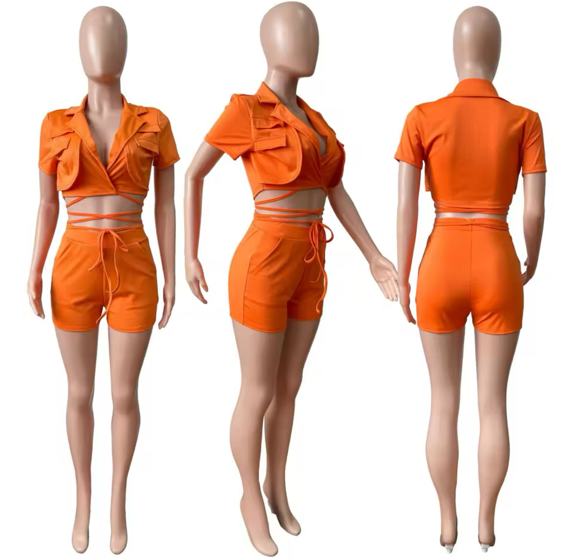 Bandage V Neck Turn Down Collar Tops and Bodycon Shorts Set XD21
