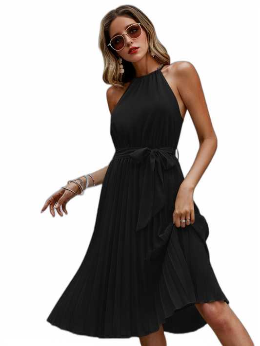 Belted pleated tie back midi dress XD21