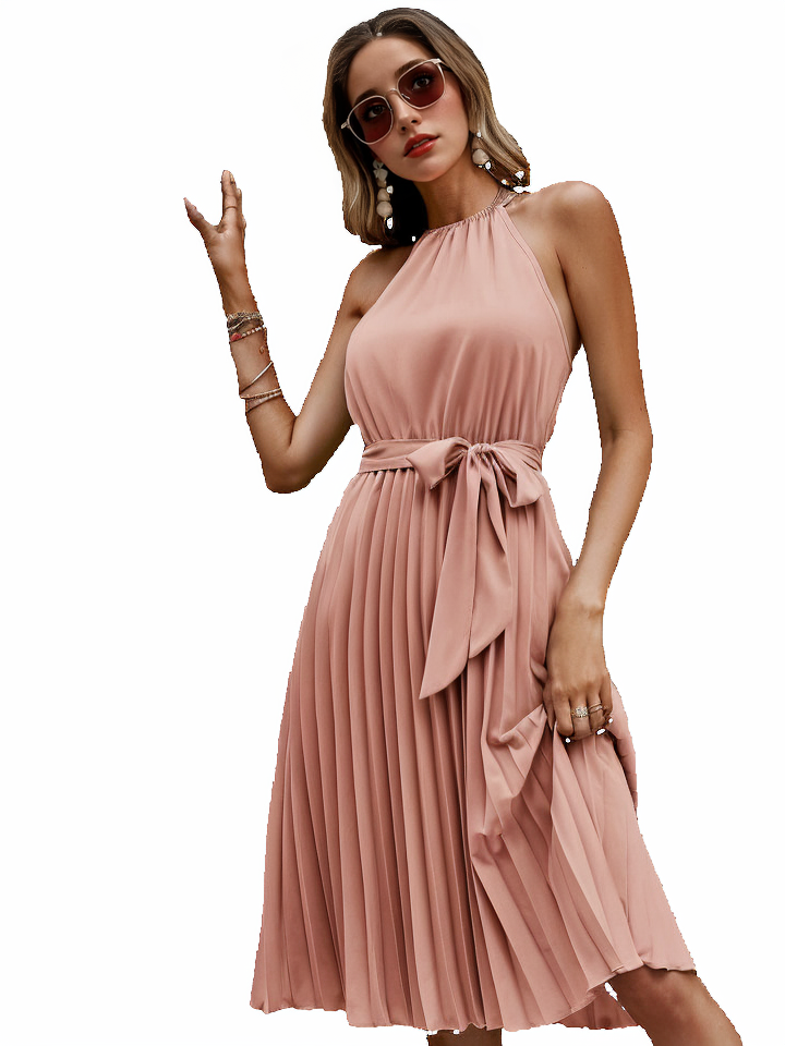 Belted pleated tie back midi dress XD21