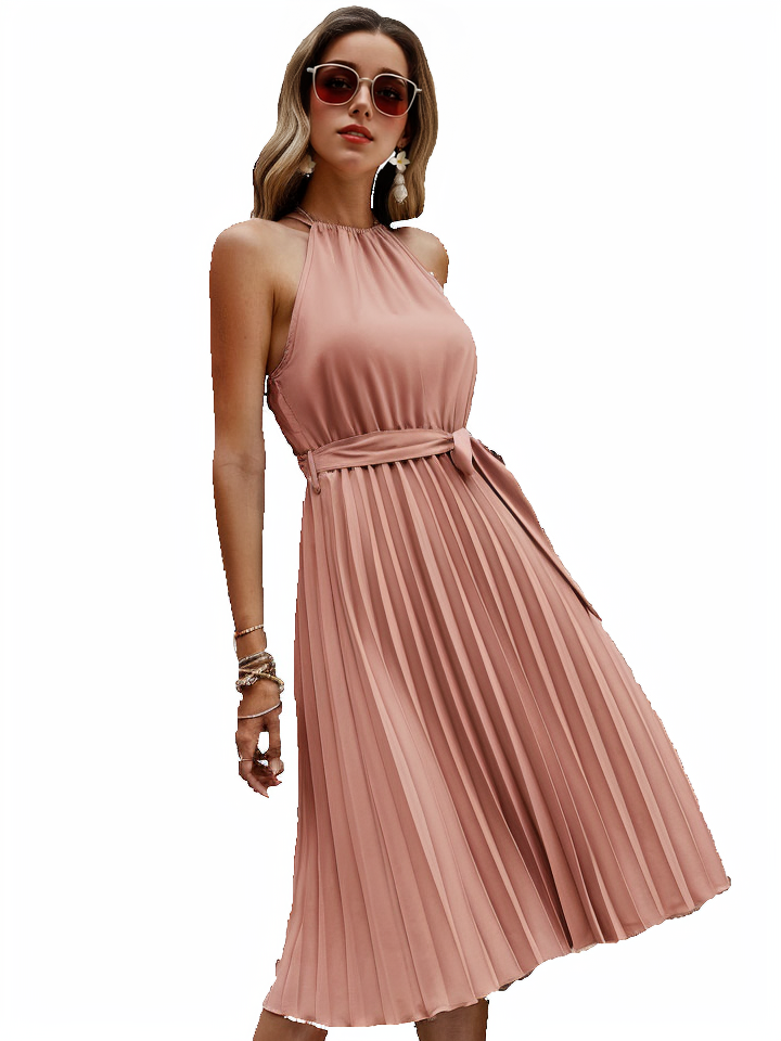 Belted pleated tie back midi dress XD21