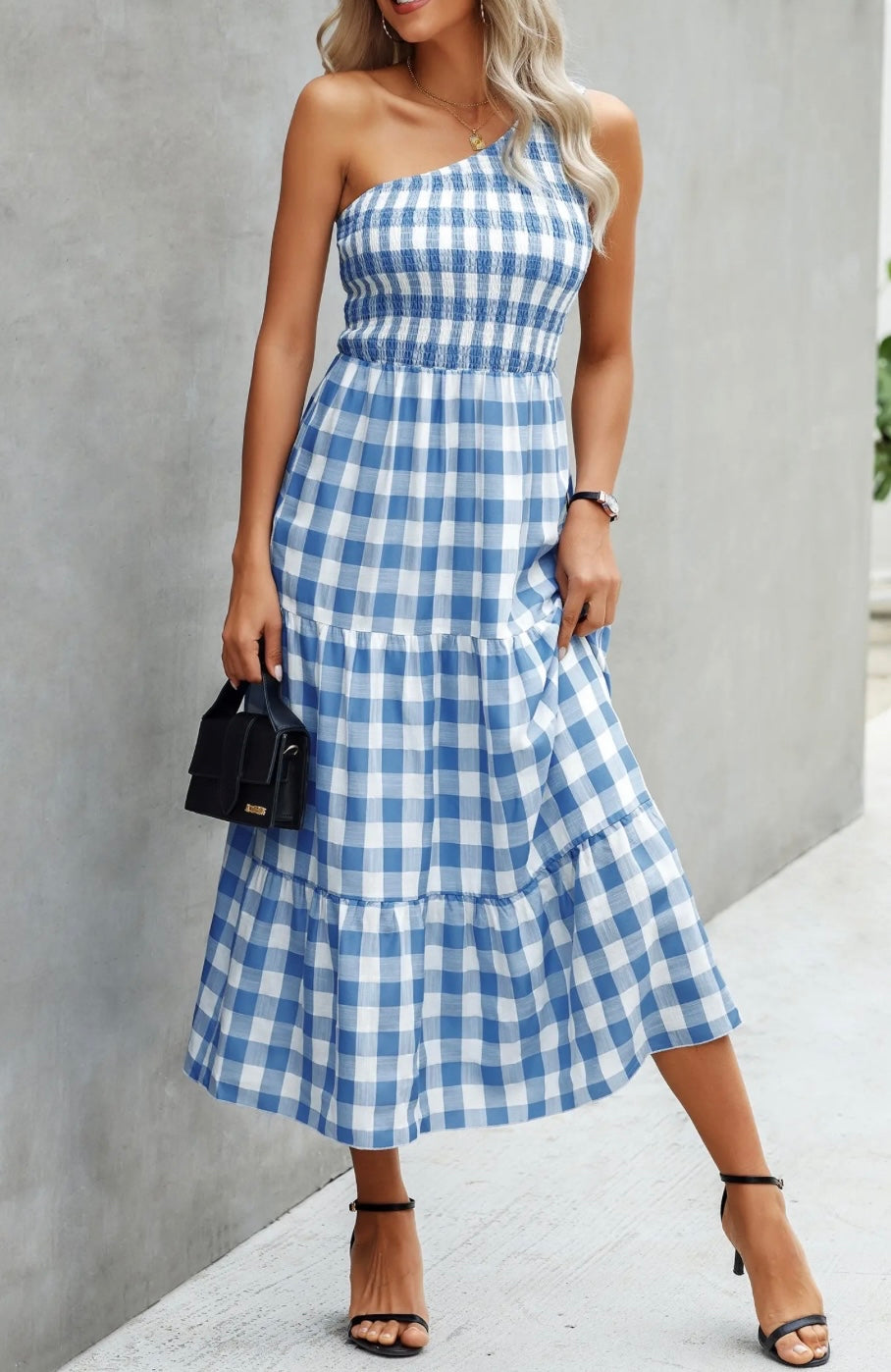 Big plaid one shoulder maxi dress XD21