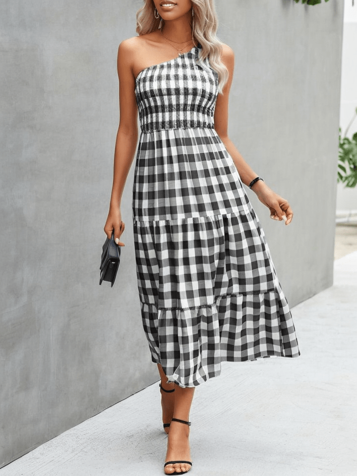 Big plaid one shoulder maxi dress XD21