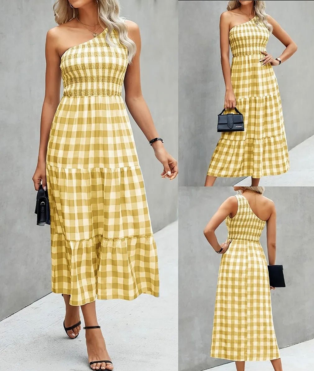 Big plaid one shoulder maxi dress XD21