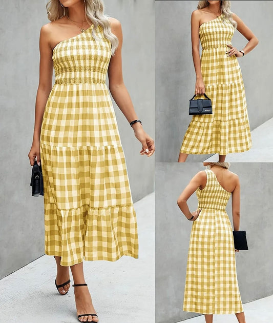 Big plaid one shoulder maxi dress XD21