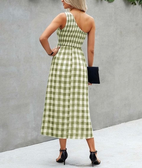 Big plaid one shoulder maxi dress XD21