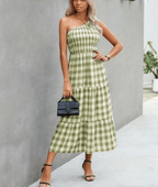 Big plaid one shoulder maxi dress XD21