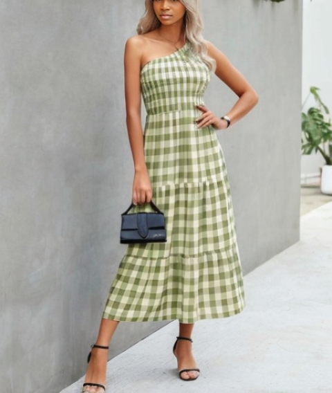 Big plaid one shoulder maxi dress XD21