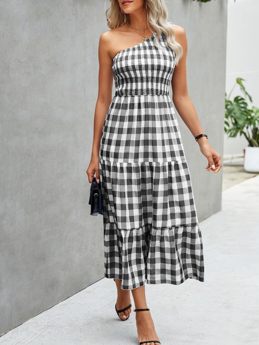 Big plaid one shoulder maxi dress XD21