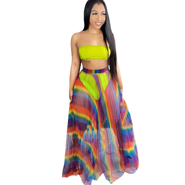Bikini Set With Rainbow Mesh Skirt 3pc Set XD21