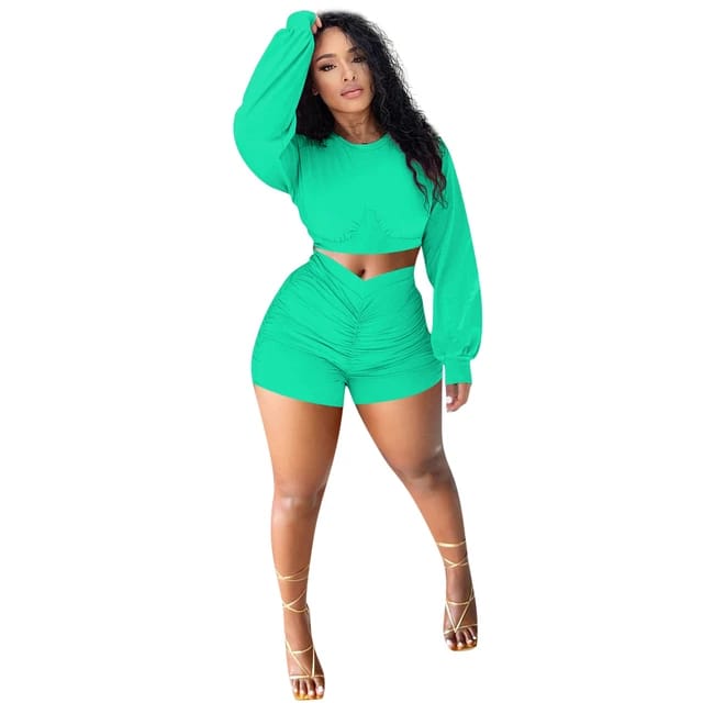 Bishop Sleeve Crop Top and Ruched Shorts XD21