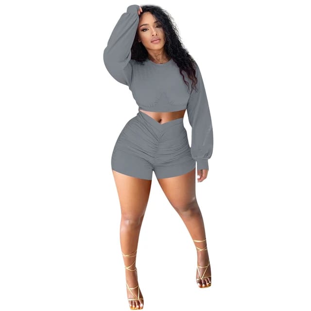 Bishop Sleeve Crop Top and Ruched Shorts XD21