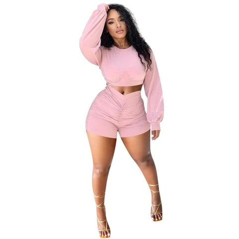 Bishop Sleeve Crop Top and Ruched Shorts XD21