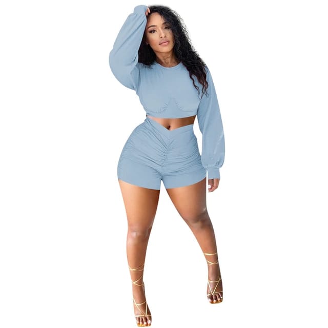 Bishop Sleeve Crop Top and Ruched Shorts XD21