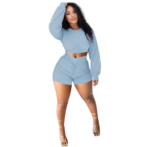 Bishop Sleeve Crop Top and Ruched Shorts XD21