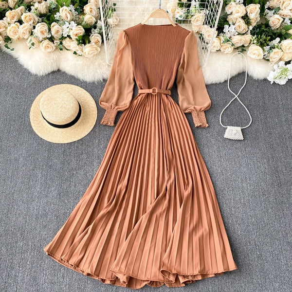 Bishop Sleeve Pleated Maxi Dress with Belt XD21