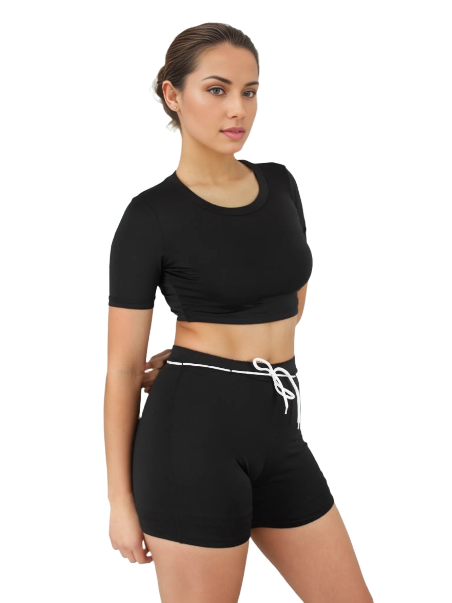 Black Sleeveless Crop Top and Shorts Gym Loungewear Set XD21