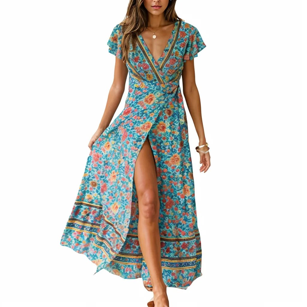 Bohemian Floral Pattern Wrap Maxi Dress XD21