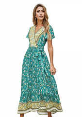 Bohemian Floral Pattern Wrap Maxi Dress XD21