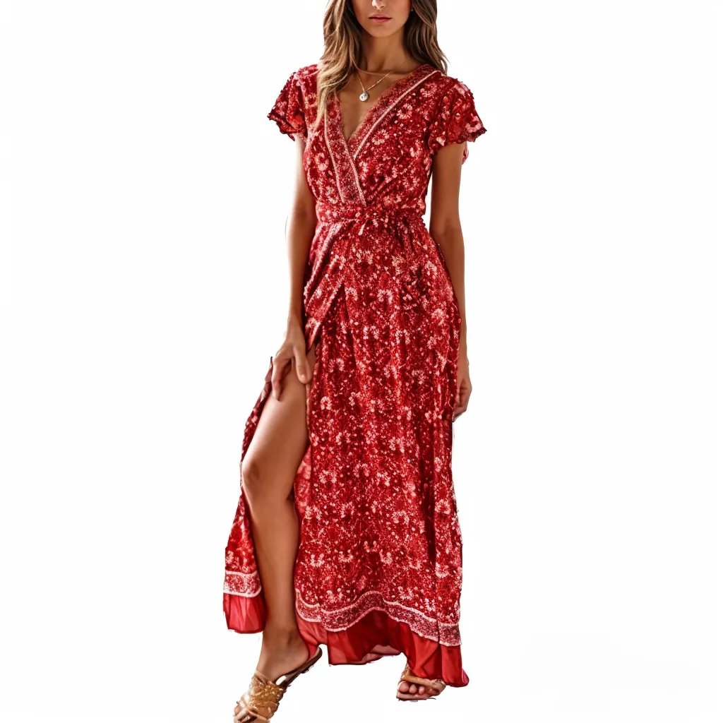 Bohemian Floral Pattern Wrap Maxi Dress XD21