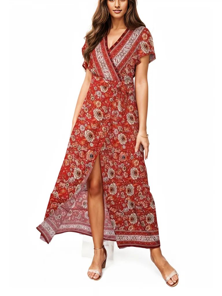 Bohemian Floral Pattern Wrap Maxi Dress XD21