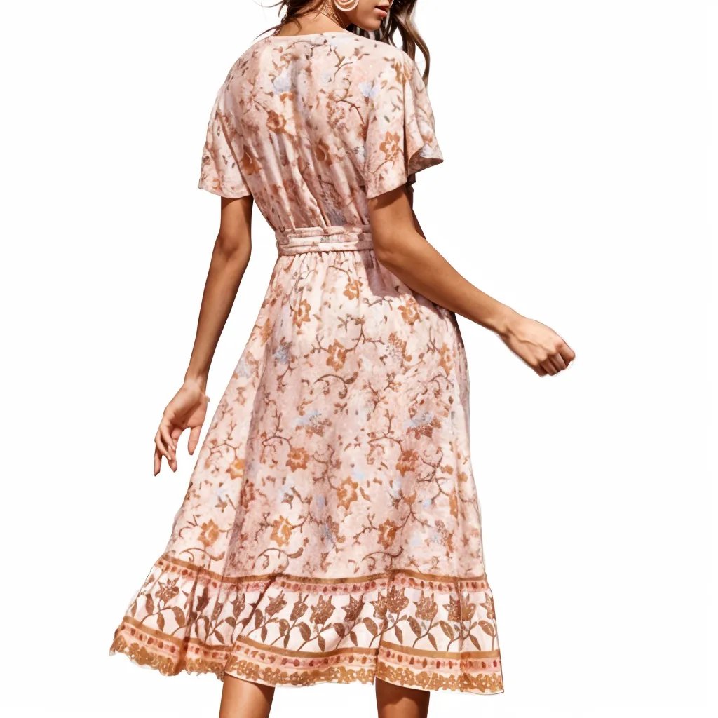 Bohemian Floral Pattern Wrap Maxi Dress XD21