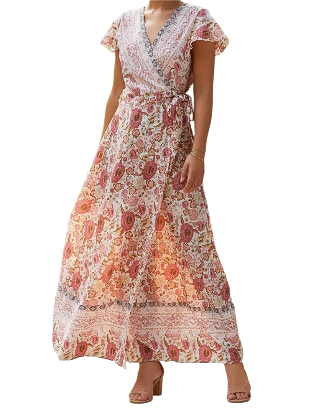 Bohemian Floral Pattern Wrap Maxi Dress XD21